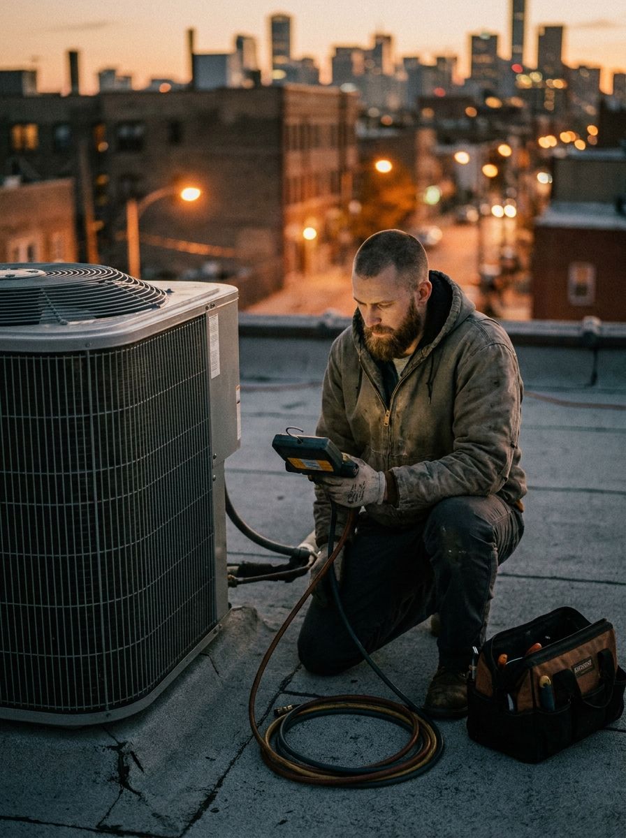 HVAC technician servicing a rooftop unit