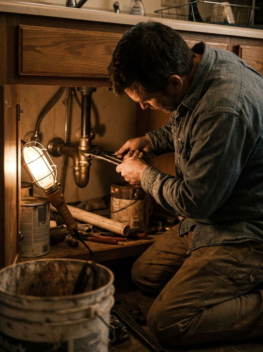 Plumber repairing a pipe under a sink
