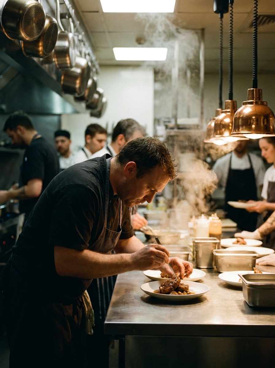 Cook plating a dish in a restaurant kitchen