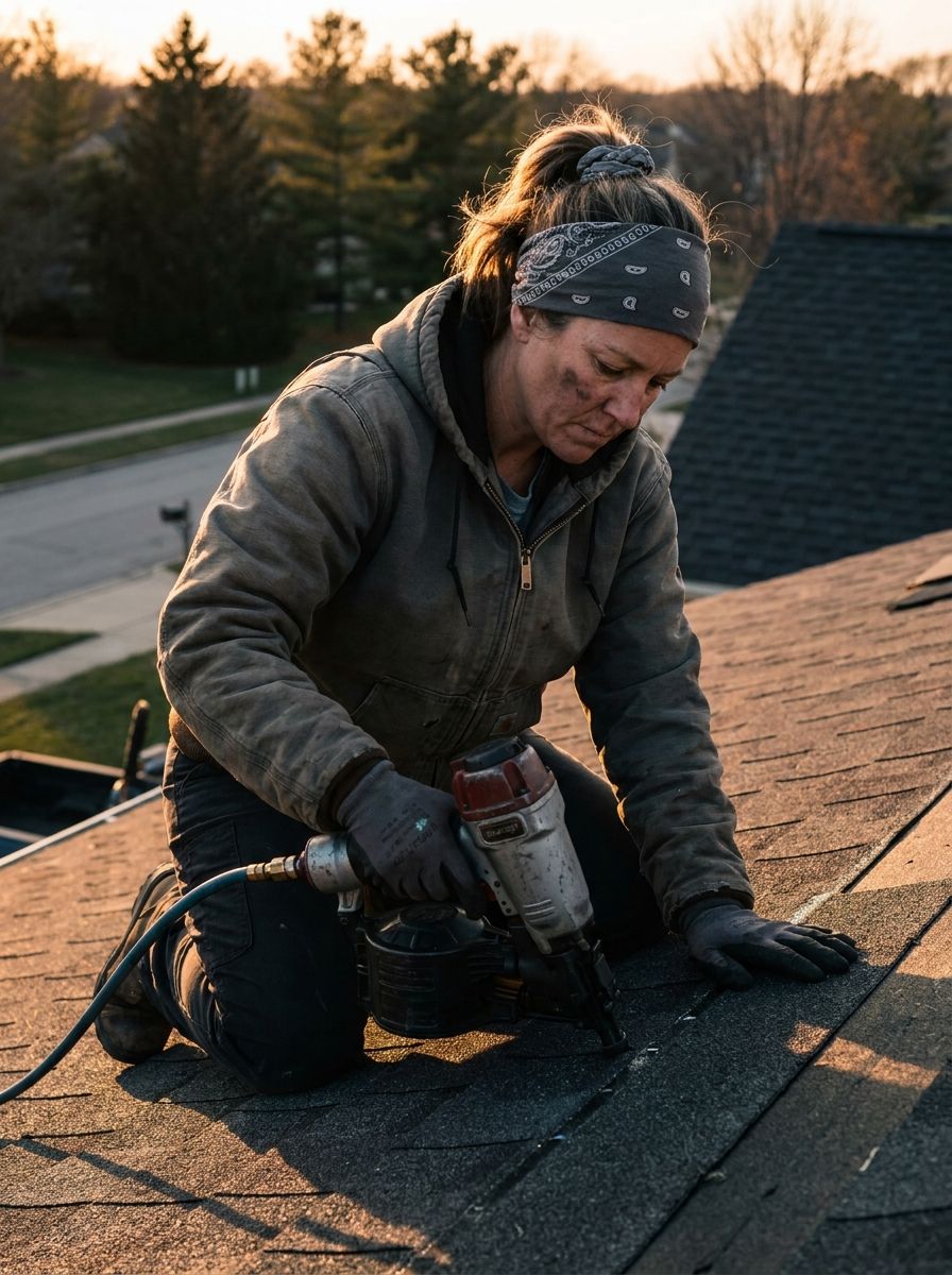 Roofer installing shingles